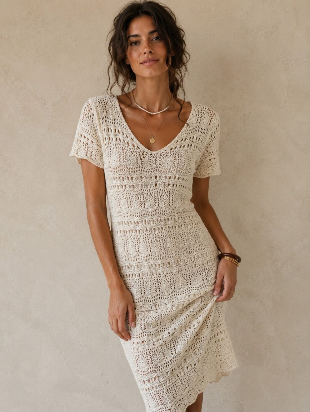 Floris Crochet Short Sleeve Midi Dress Size S-M Made In Italy